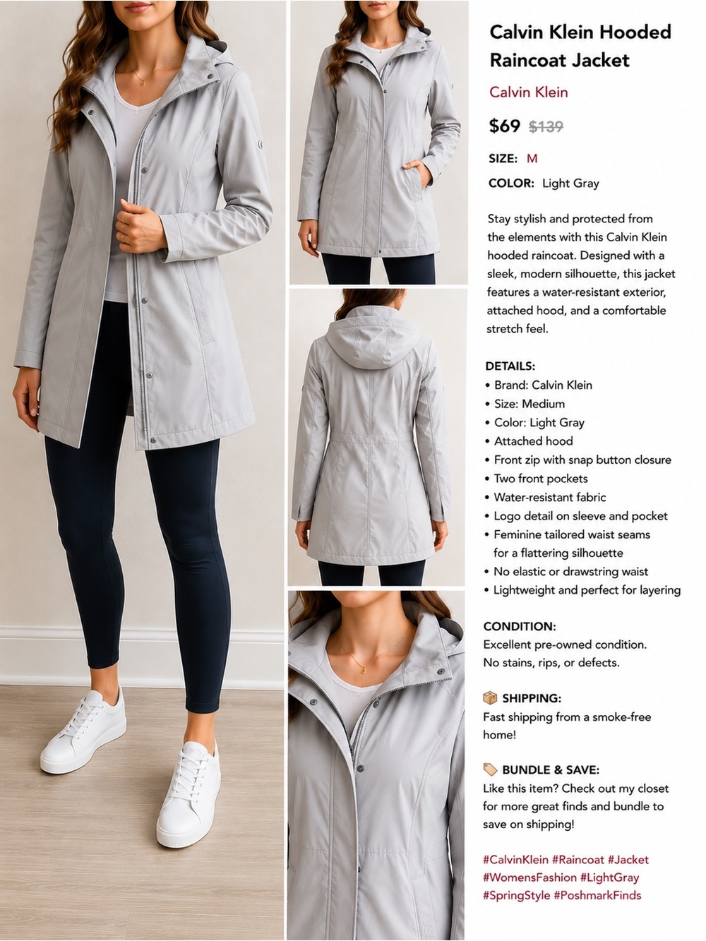 Calvin Klein Light Gray Hooded Raincoat